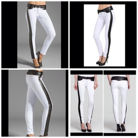 White Skinny Jeans with Black Faux Leather Trim - Picture 1 of 13